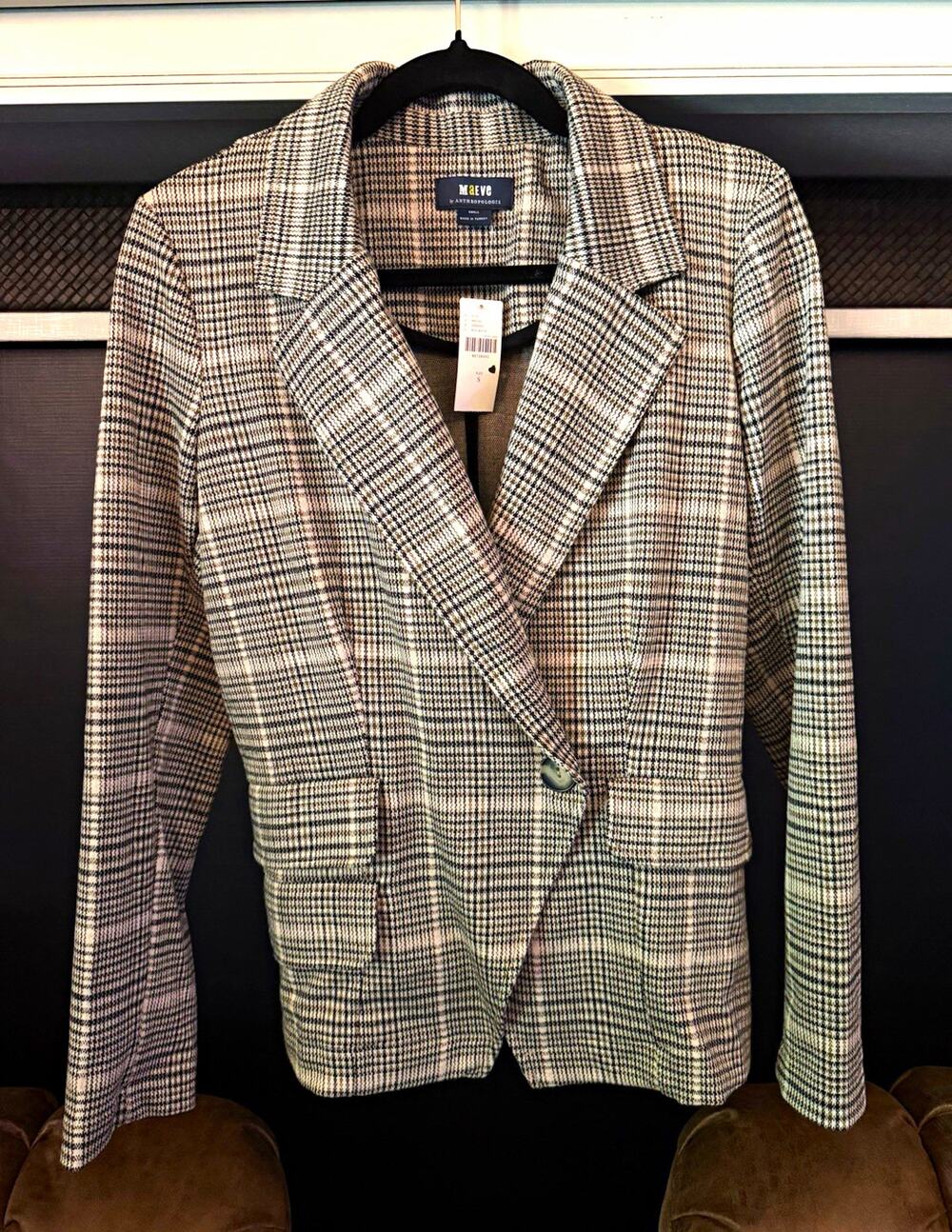 Maeve Anthropologie Collegiate Knit Plaid Blazer S Tan Black Single Button